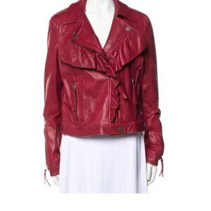 Valentino Lamb Leather Biker Jacket Red Moto Ruffle IT sz 48